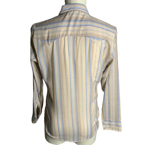 Vintage 80s Brittania Western Pearl Snap Shirt M Tan Stripe Pockets Saw Tooth - Picture 4 of 6